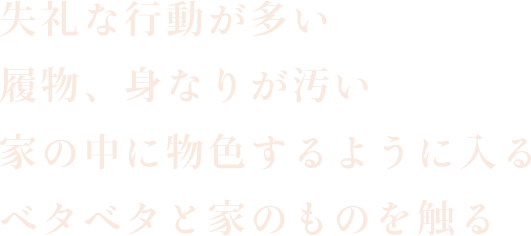 失礼な行動が多い履物、身なりが汚い家の中に物色するように入るベタベタと家のものを触る様子を伺ってくる